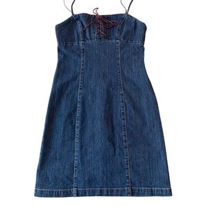 Guess Stretch Denim Dress with spaghetti straps and a leather tie at the bust